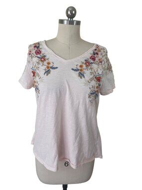 Sundance Caite Floral Embroidered V-Neck Top Medium Split Back Coastal Grandma